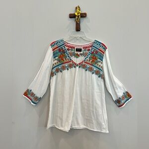 Johnny Was Embroidered White Baya Boho Top